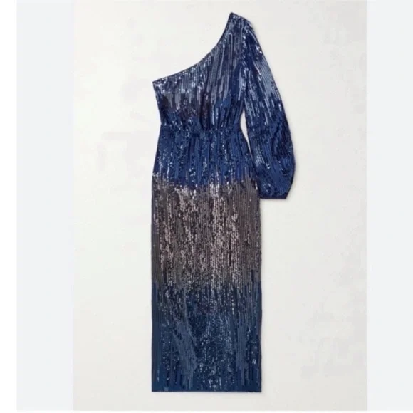 RIXO London Bradshaw Sequin beaded Dress One Sleeve Ombre Blue Metallic 8 NWT - Picture 2 of 11